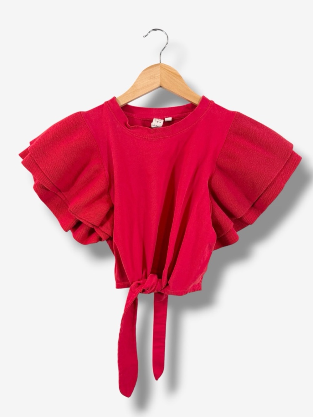 Anthro Dolan Left Coast Red Ruffle Sleeve Tie Front Knit Top Size S Spring Boho